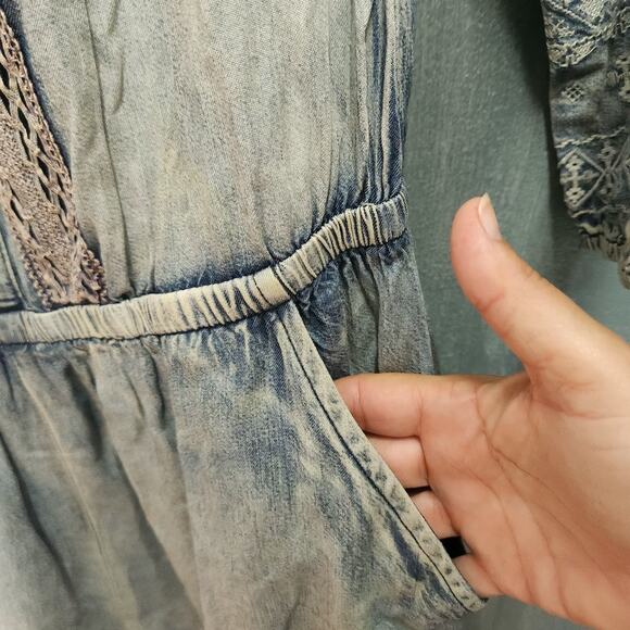 MISS ME CHAMBRAY & LACE KEEPSAKE ROMPER DENIM JUMPSUIT Small Pockets - Picture 5 of 14